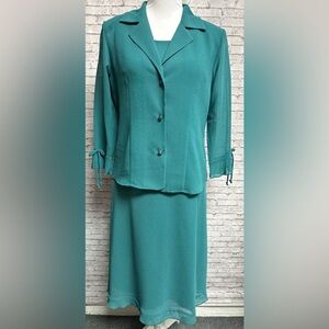 JG Hook Vintage Sheer Green Jacket Lined Dress 2 Piece Outfit Bell Sleeves Bows